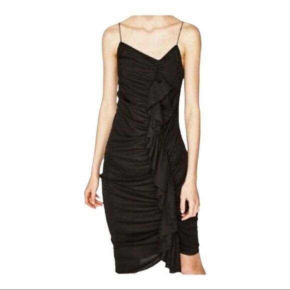NWT ZARA Small Asymmetrical Ruffle Spaghetti Strap MIDI Dress - Picture 1 of 6